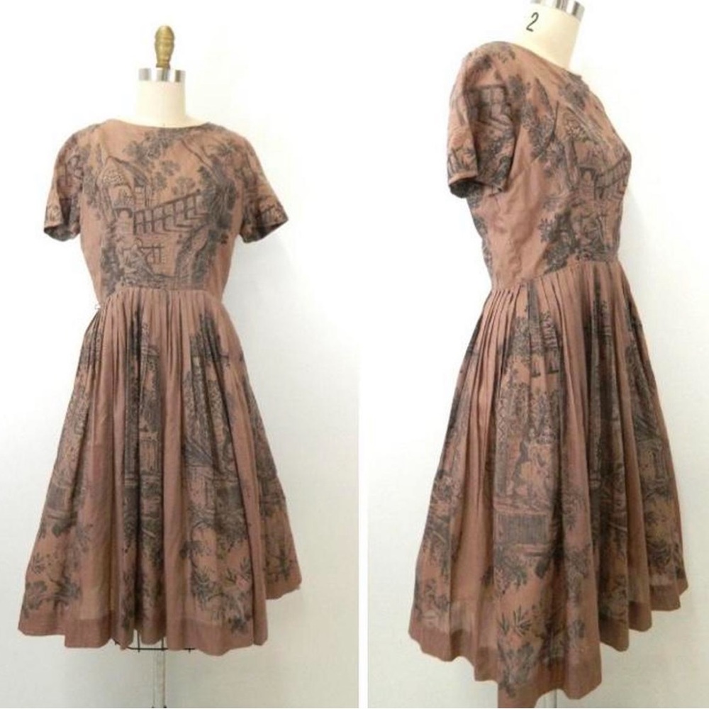 Vintage 1950s Toile Dusty Rose Dress